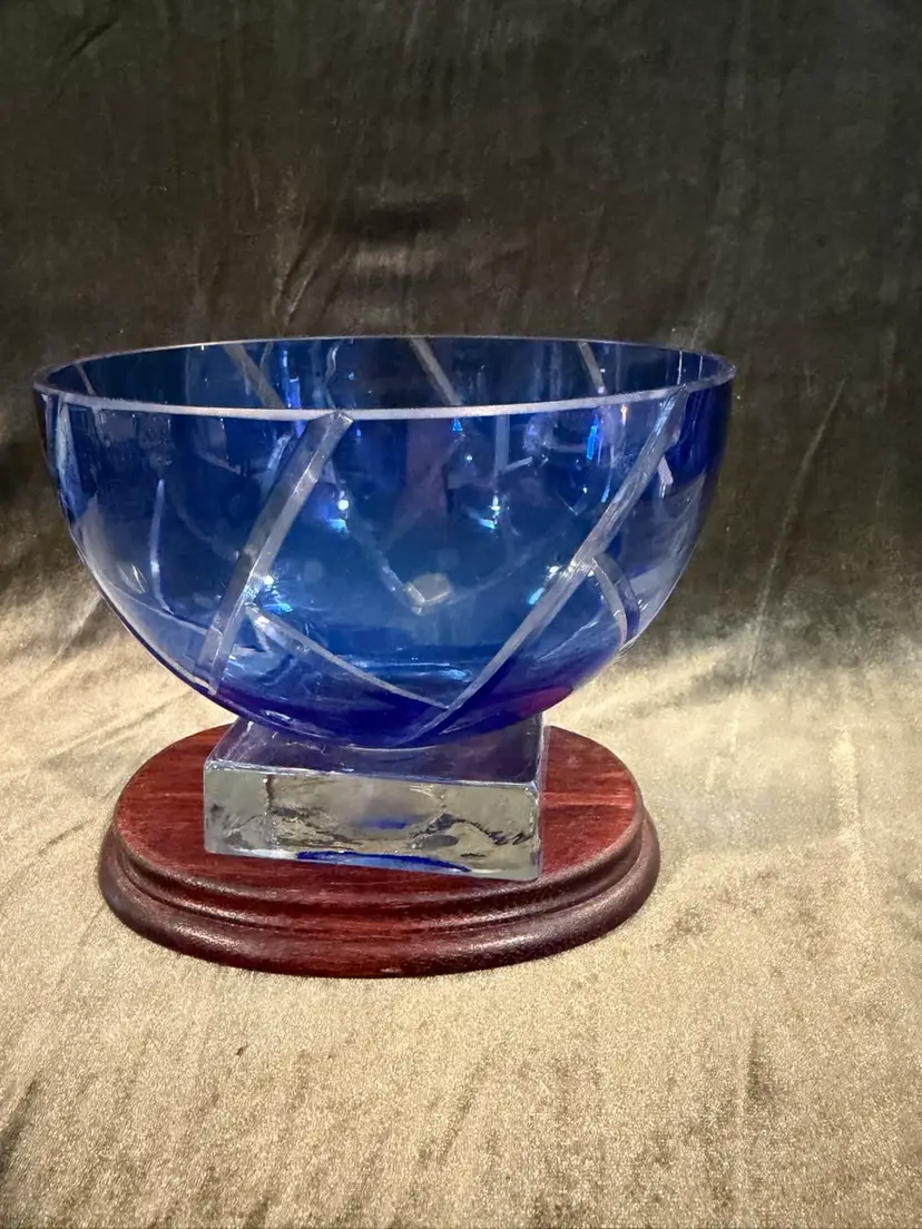Beautiful Cobalt Blue Cut To Clear Glass Bowl With Crystal Pedestal. a gift from FTD