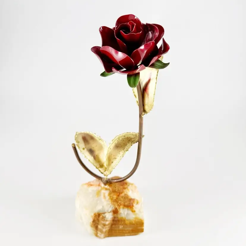 John Demott Red Enameled Copper Rose Sculpture on Onyx Base, Welded Brutalist Metal, Vintage Handmade in USA