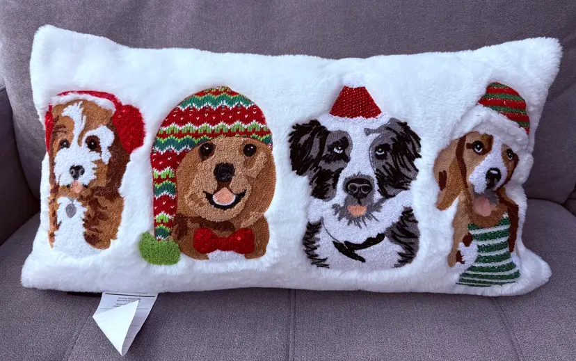 Decorative Pillow White Faux Fur with Dog Holiday Appliqués