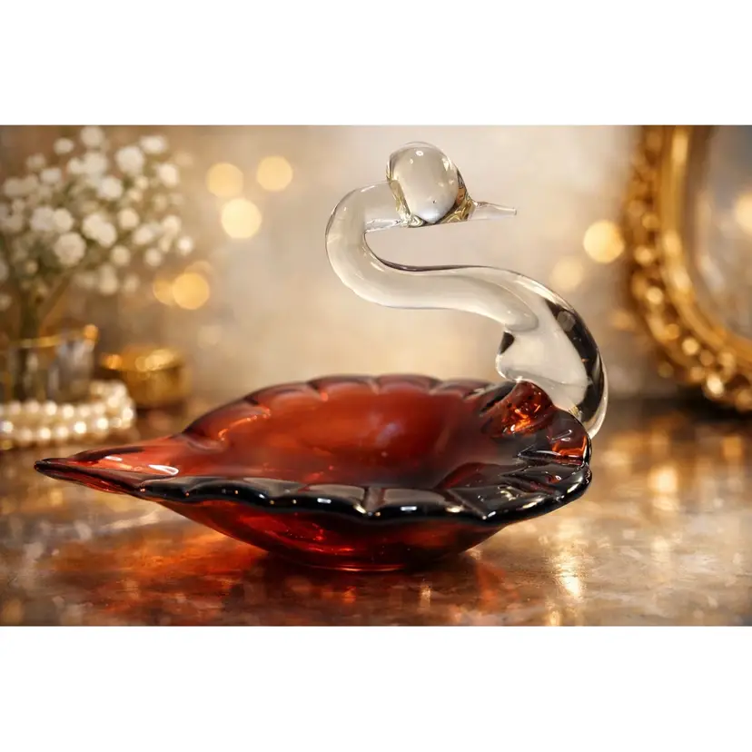 VINTAGE MURANO STYLE ART GLASS AMETHYST CLEAR SWAN BOWL