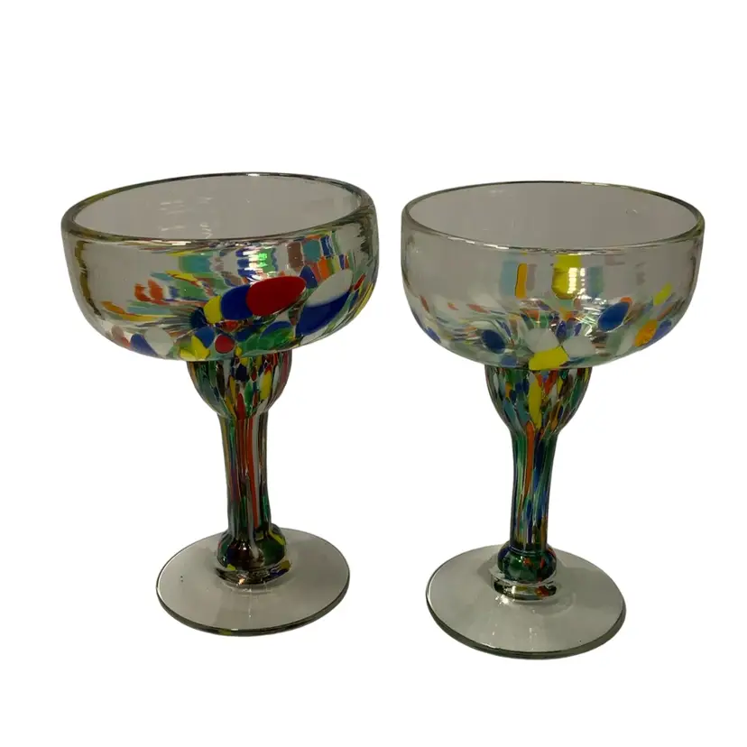 1 Vintage Art Glass Margarita Glasses Confetti And Clear Glass 6” Tall And 4” Diameter