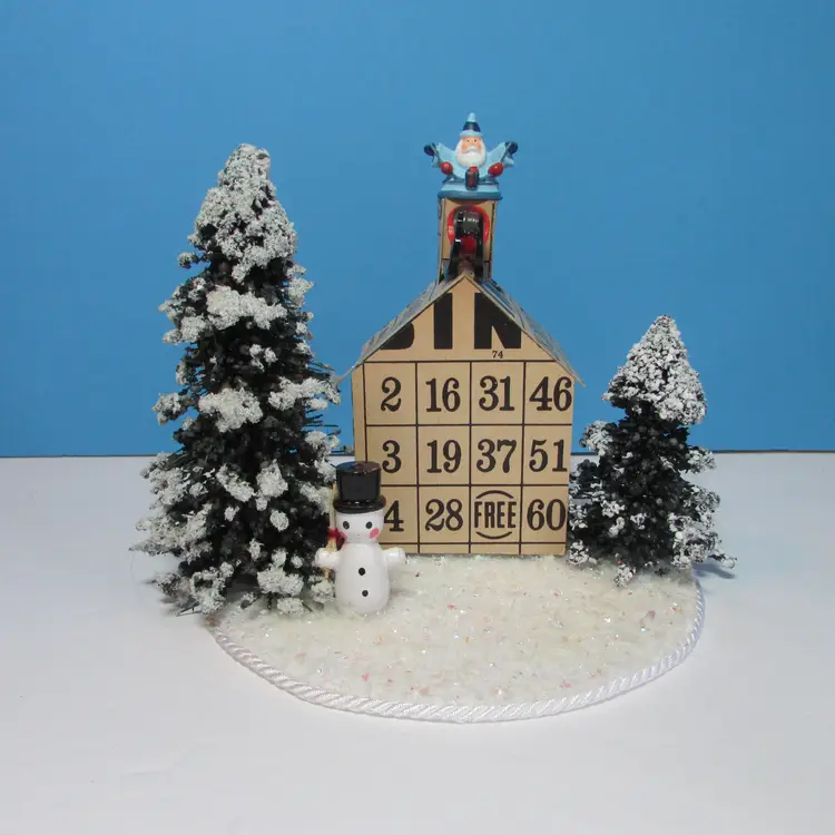 vintage crafted Bingo card house with Santa and sleigh winter Christmas scene