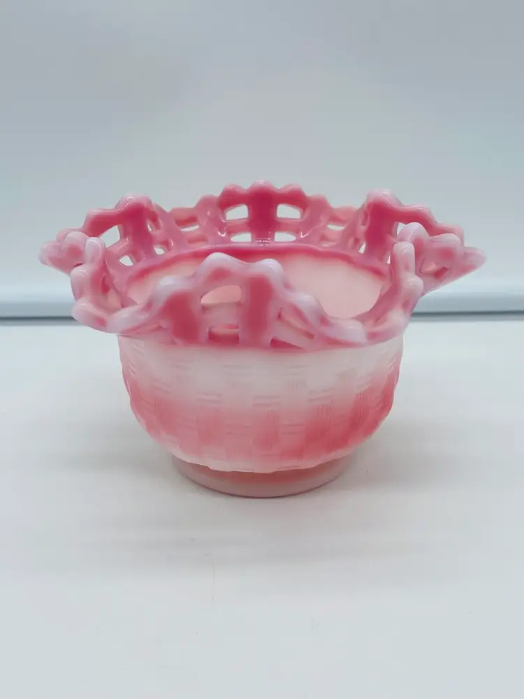 Fenton 3-1/4" Rosalene Reticulated Ruffled Rim Basket Weave Rose Bowl