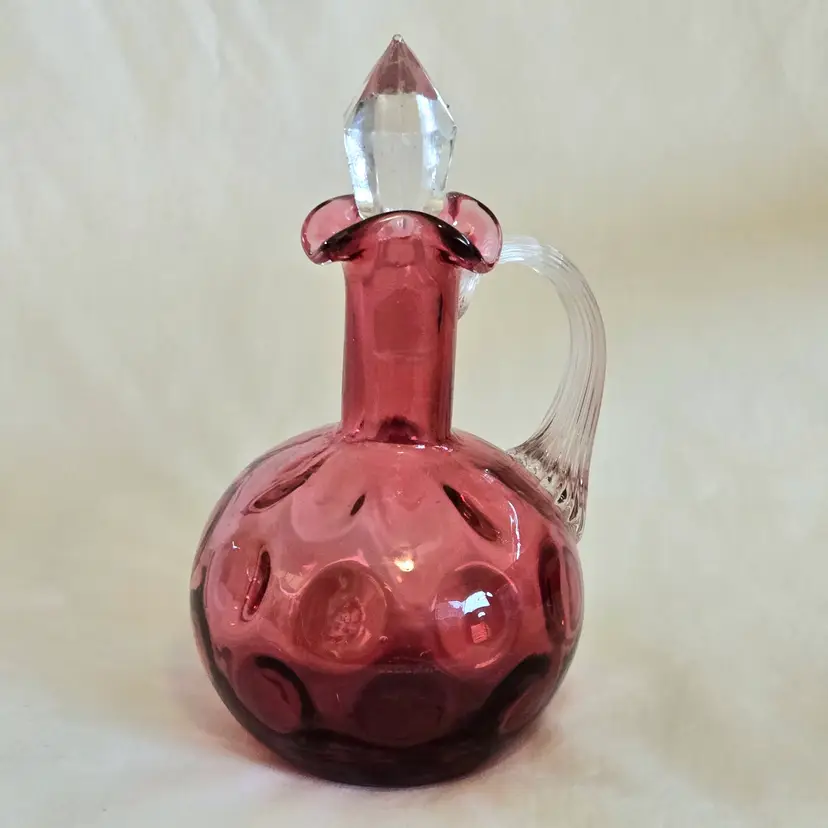 Fenton Cranberry Coin Spot Dot Optic Thumbprint Cruet 6½" with Clear applied Handle & loose Stopper