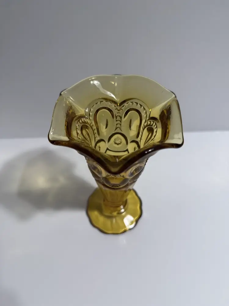 LE Smith Amber Glass Moon and Stars 6 Inch Ruffled Vase