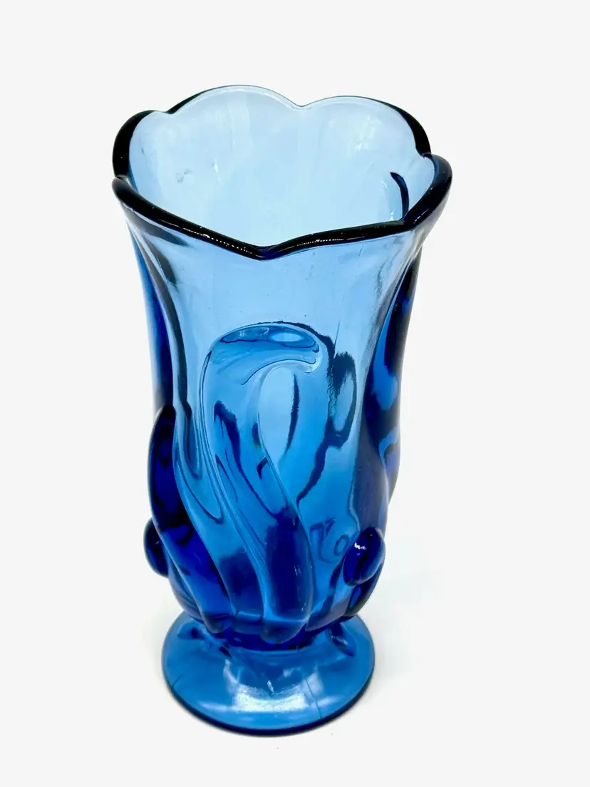 019.  Vintage Fenton Cobalt Indigo Blue Stylized Embossed MCM Art Glass Vase
