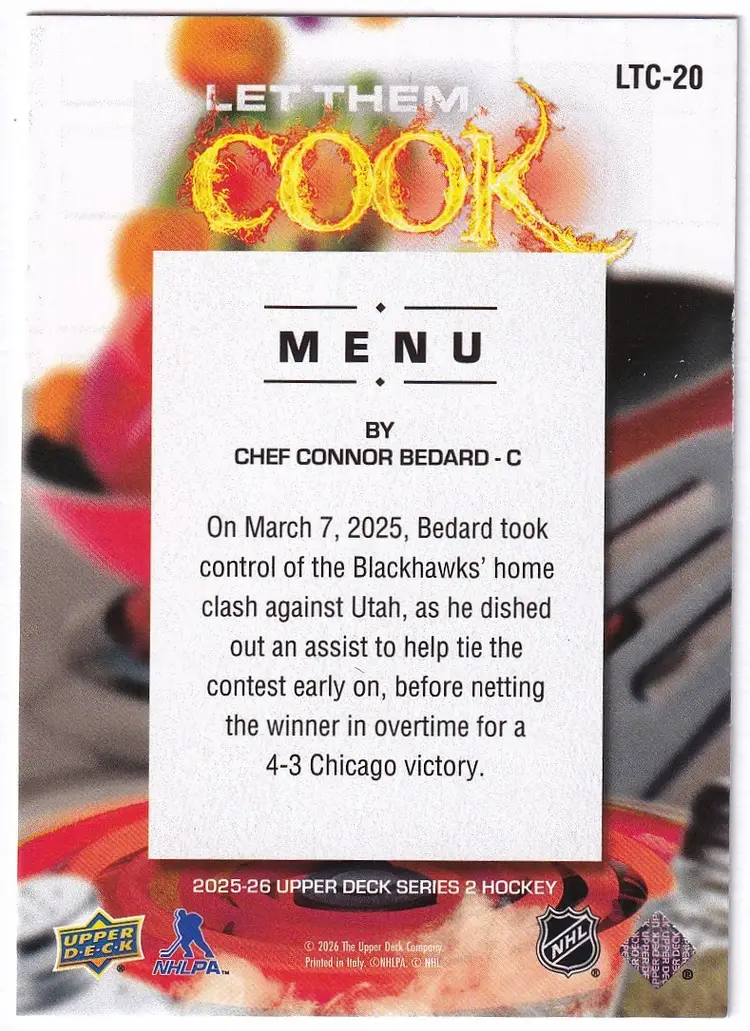 2025-26 Upper Deck Let Them Cook #LTC20 Connor Bedard Chicago Blackhawks Hockey Card