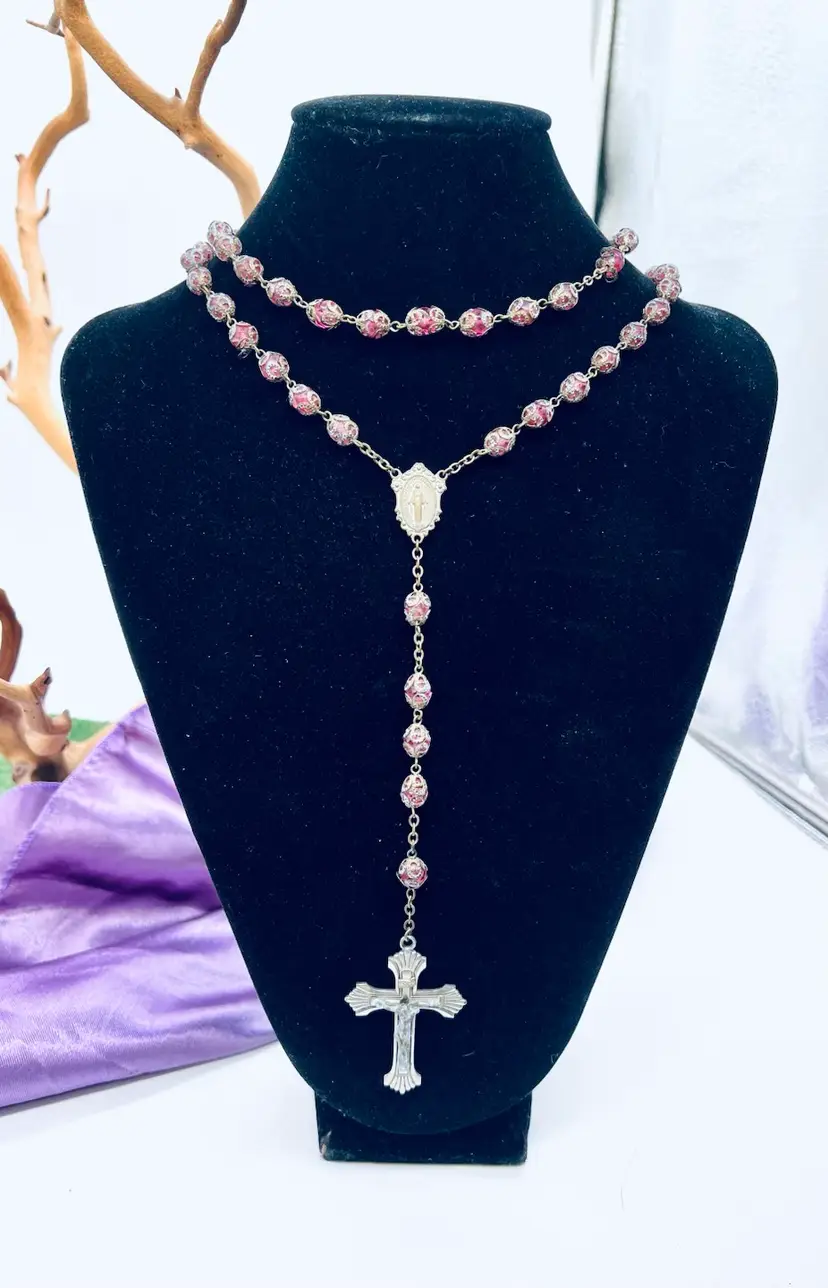 Vintage 23” Rosary With Red Beads Silver Tone Filigree Bead Caps