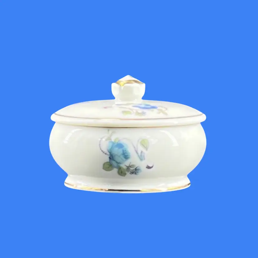 Trinket Box Porcelain Blue Flowers Cabbage Rose Knob Handle Richard Japan