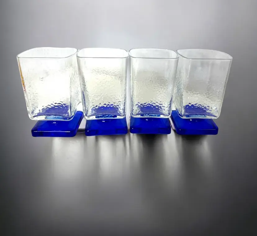 Vintage MCM Disaronno Ice textured cobalt blue square footed cocktail glasses Retro glassware set of 4