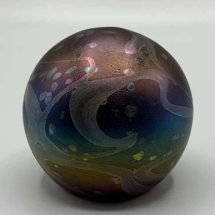 Mdina Iridescent Paperweight Swirl Blue Luster Oil Slick Amethyst Purple