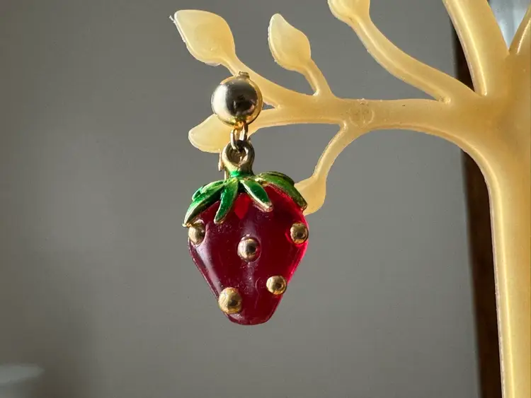 Vintage Strawberry Clip Earrings With Green Enamel