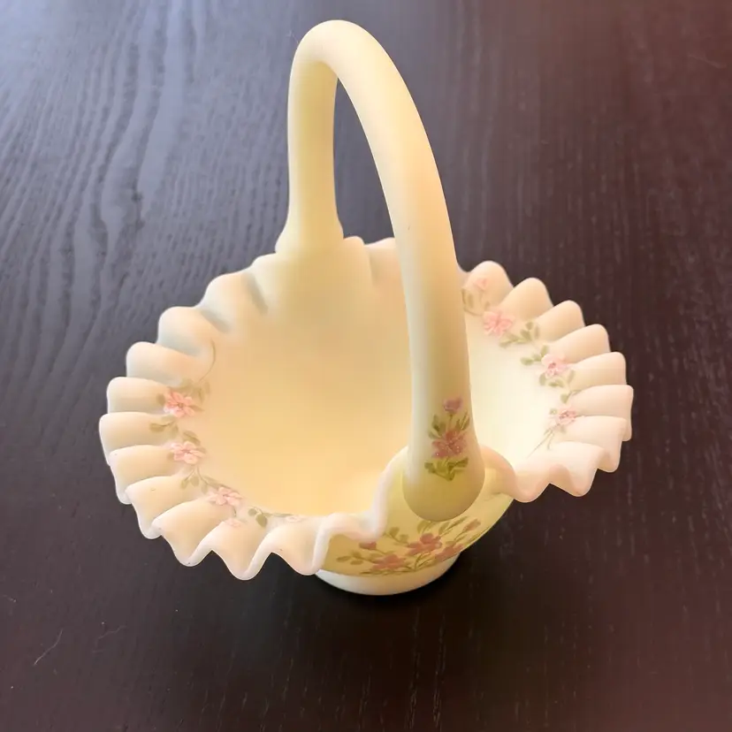 Vintage Fenton Custard Satin Glass Pink Blossoms Basket Signed