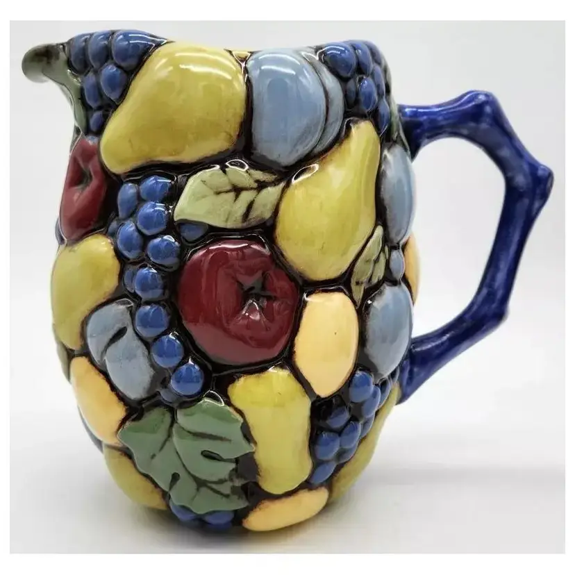 Vintage Water Pitcher Vase Ceramic Hand Painted Fruit Signed McKendrick 1974 7¼"H