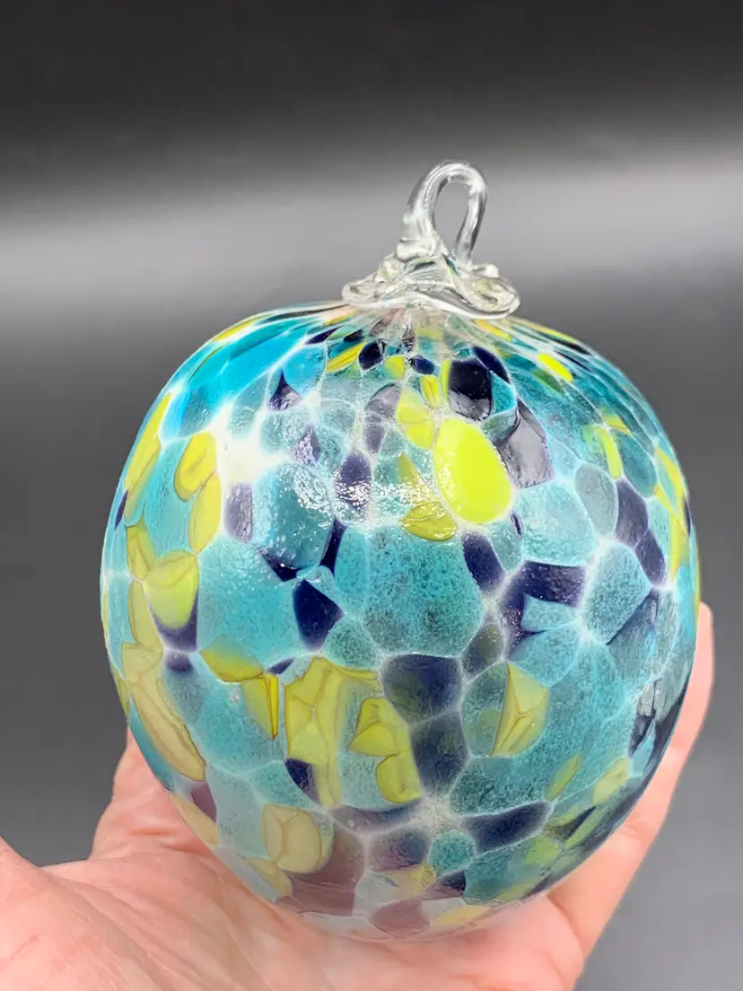 #38 - Hand Blown Glass Ornament Witch Ball Gazing Suncatcher Speckled Teal Yellow Blue Large
