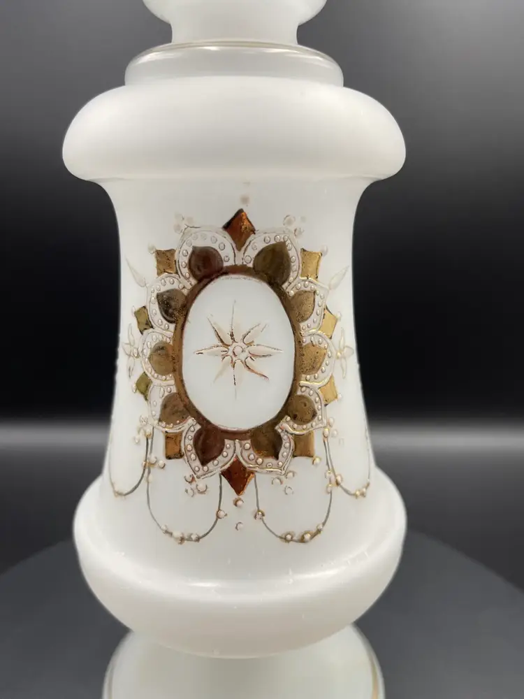 Vintage White Satin Glass Vase with Golden Accents