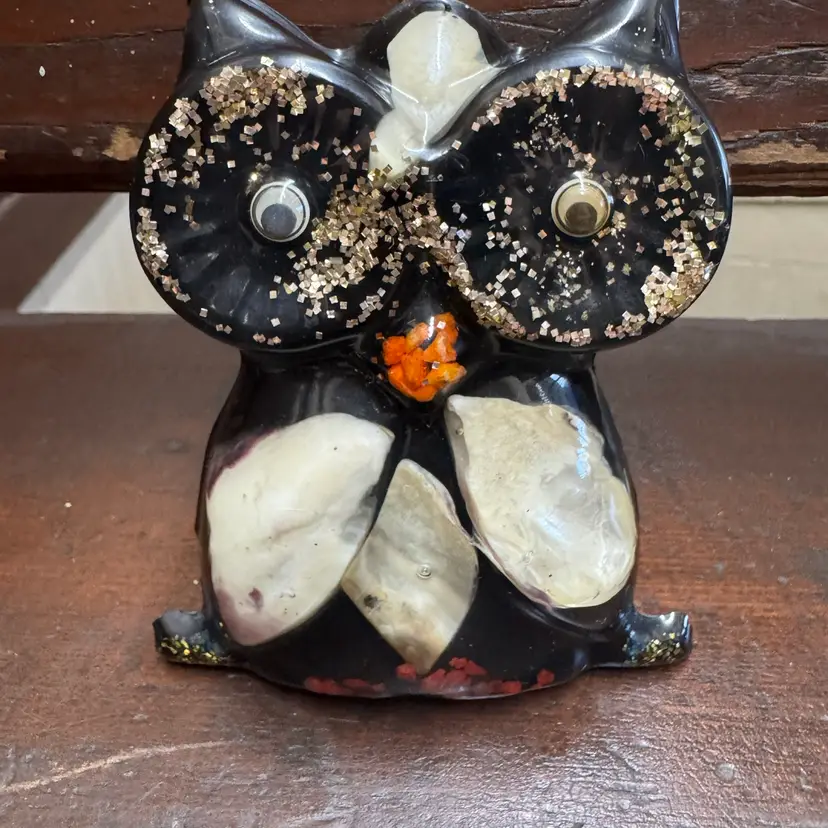 Vintage black Lucite Resin 1960s OWL Shaped Funny Eyes Wall Hanging
