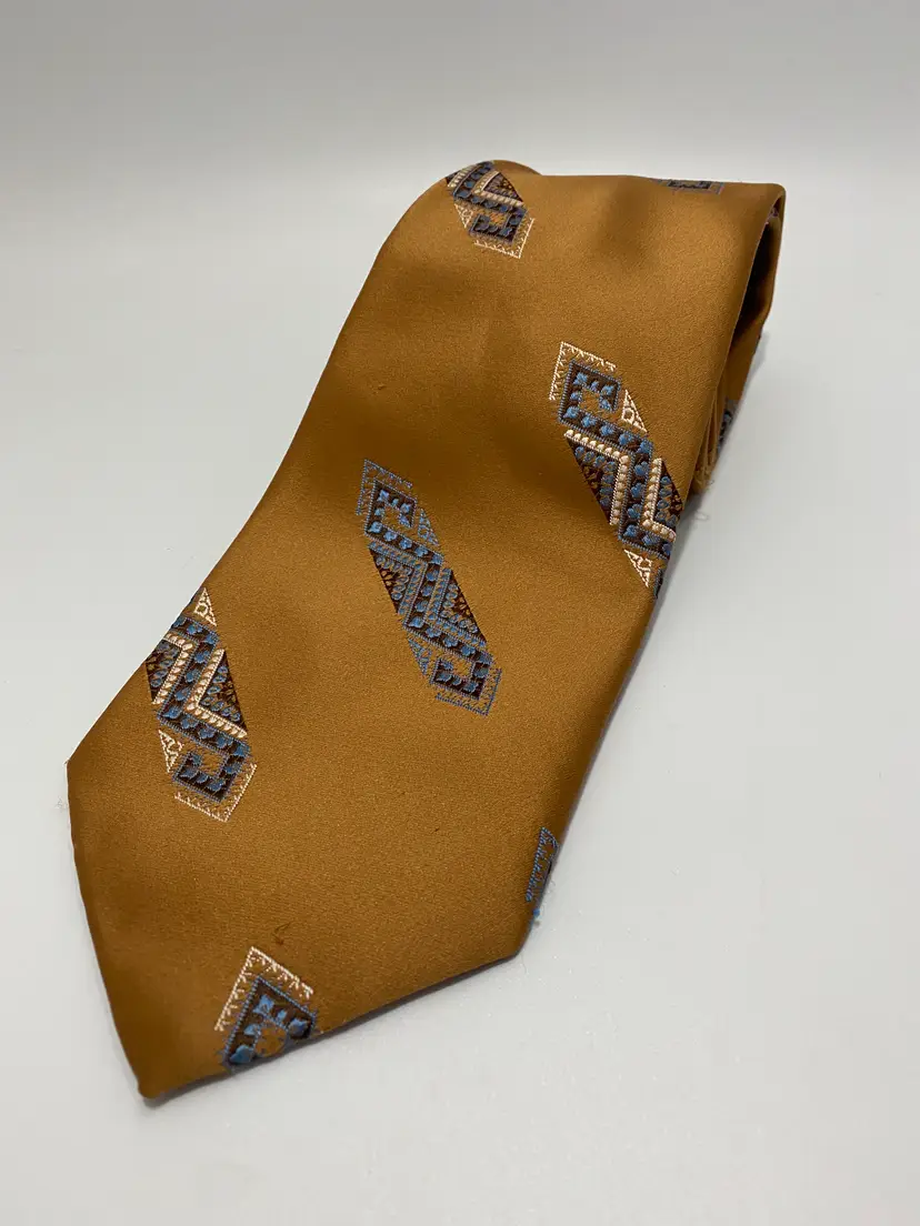 Vintage Carriage Cravats Mustard Yellow with Blue, White and Brown Design Wide Tie 59.75" x 4"