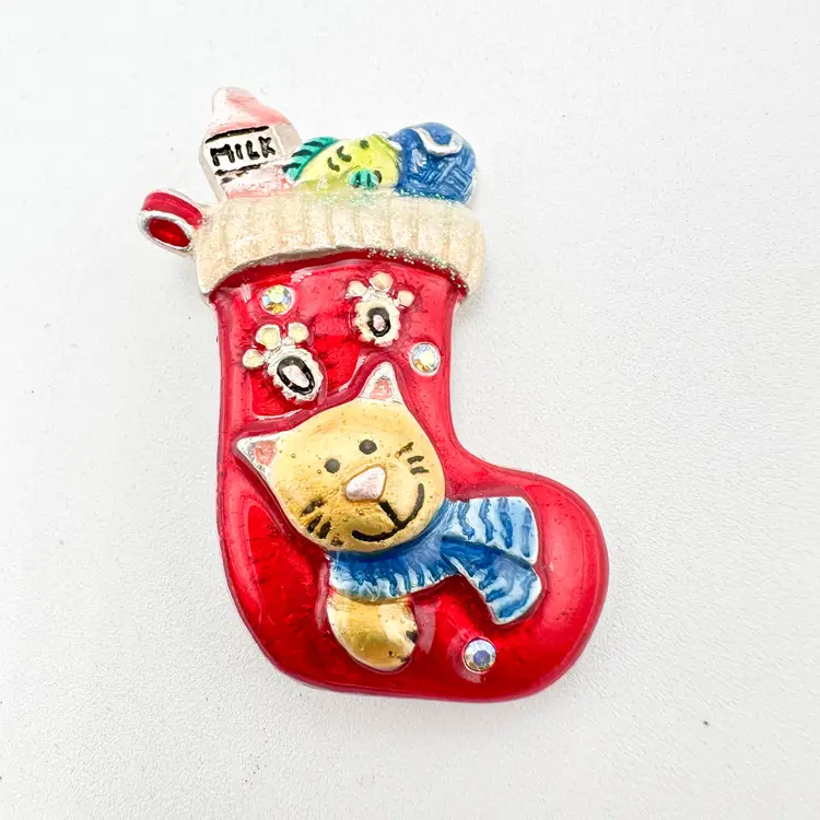 Cat Stocking Christmas Brooch Gold Tone Enamel 2" Signed AJMC
