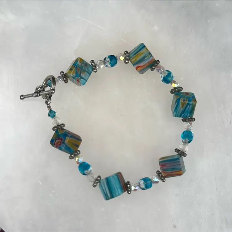 #01 Millefiori Glass Bead Bracelet With Silver Tone Clasped