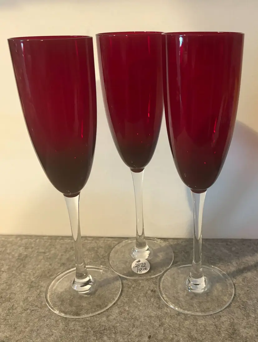 3 Ruby Red Champagne/Wine Glasses  9" Tall  # 2872