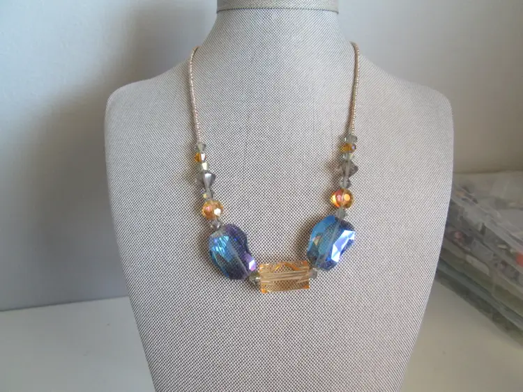 Fire Polished Blue Faceted Czech Glass Beaded Necklace with gold accents
