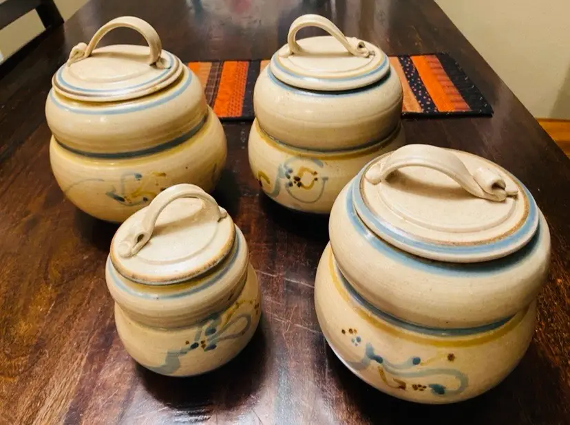 Studio Pottery Canister Set of 4 with Lids Rustic Farmhouse Mid Century Modern Boho