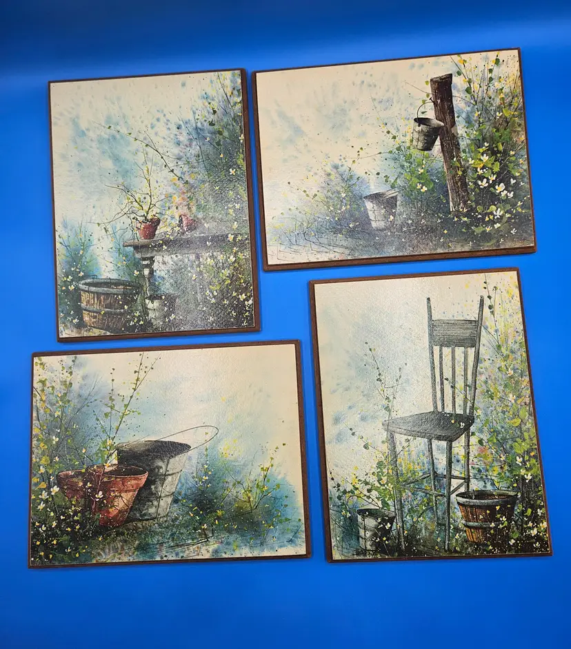 Vtg Wooden Wall Art 4 Floral & Rustic Outdoor Scene On Paper, Signed Taylor '74