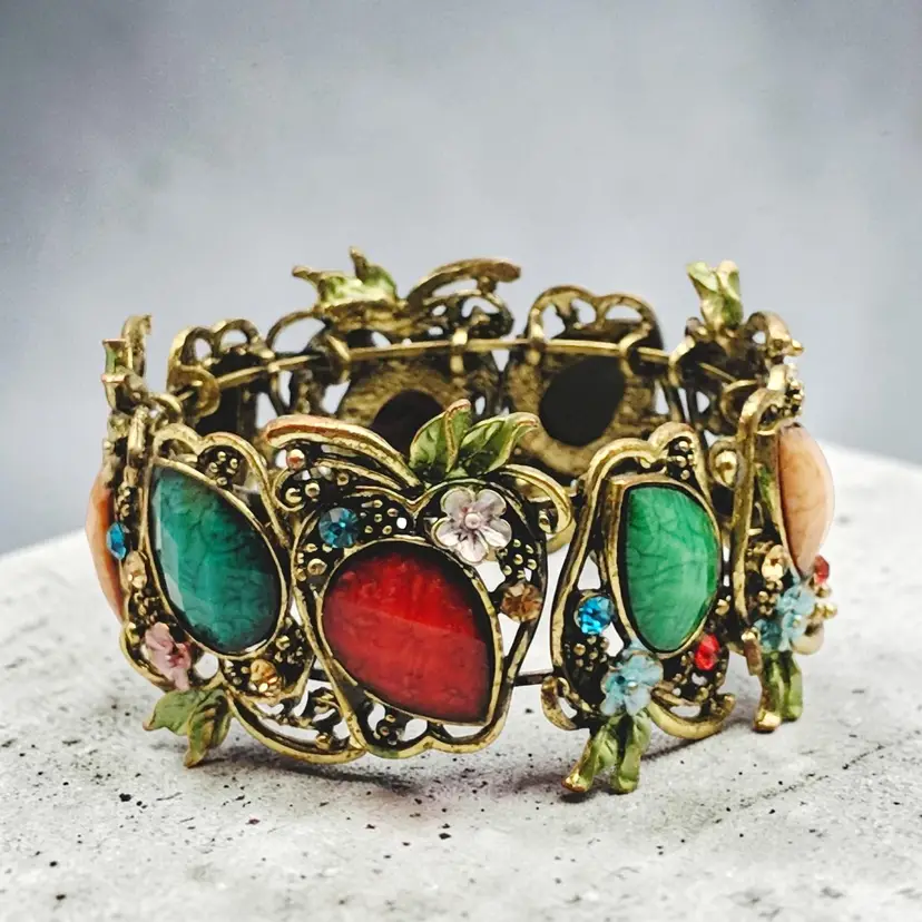 Antiqued Brass Tone Apple Design Multicolored Stones Jewels Hinged Bracelet