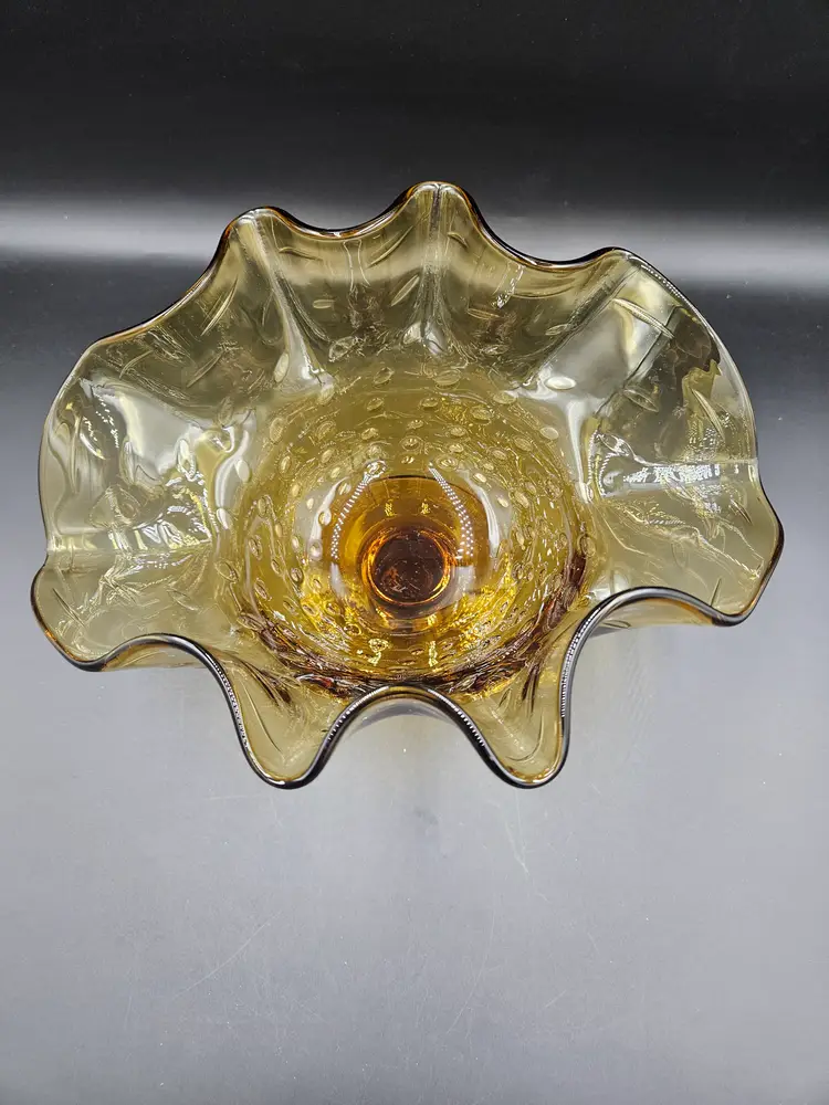 Amber Hand Blown Bullicante Ruffled Footed Vase
