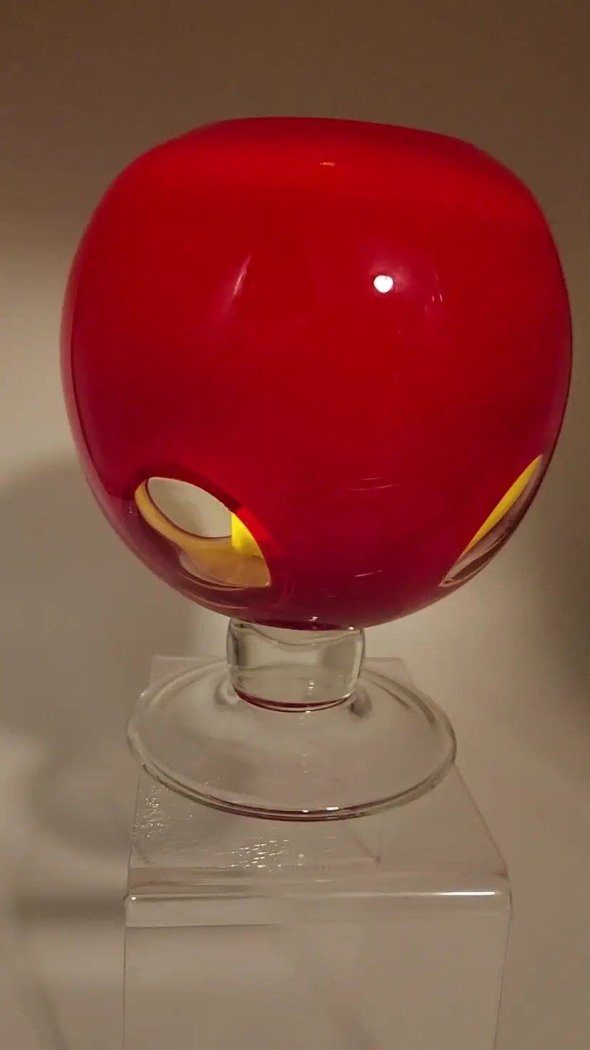 Art Glass Bubble Vase Cased Red Glass Cut to Clear with Clear Foot 8"H x 6"W