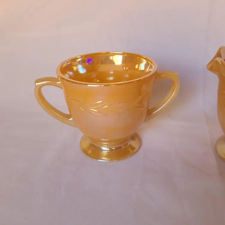 Vintage Fire King Peach Luster Laurel Leaf Creamer Sugar Set Ovenware USA