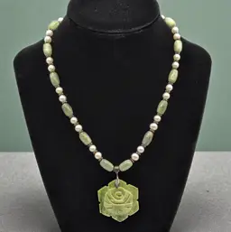 Carved Soapstone Rose Flower Pendant Freshwater Pearls Green Kyanite Necklace