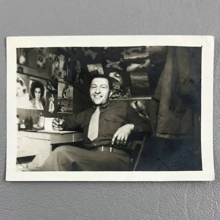 Military Man Writing Desk WWII Era Identified Pinup Models Photo Snapshot 2.5”x3.5”