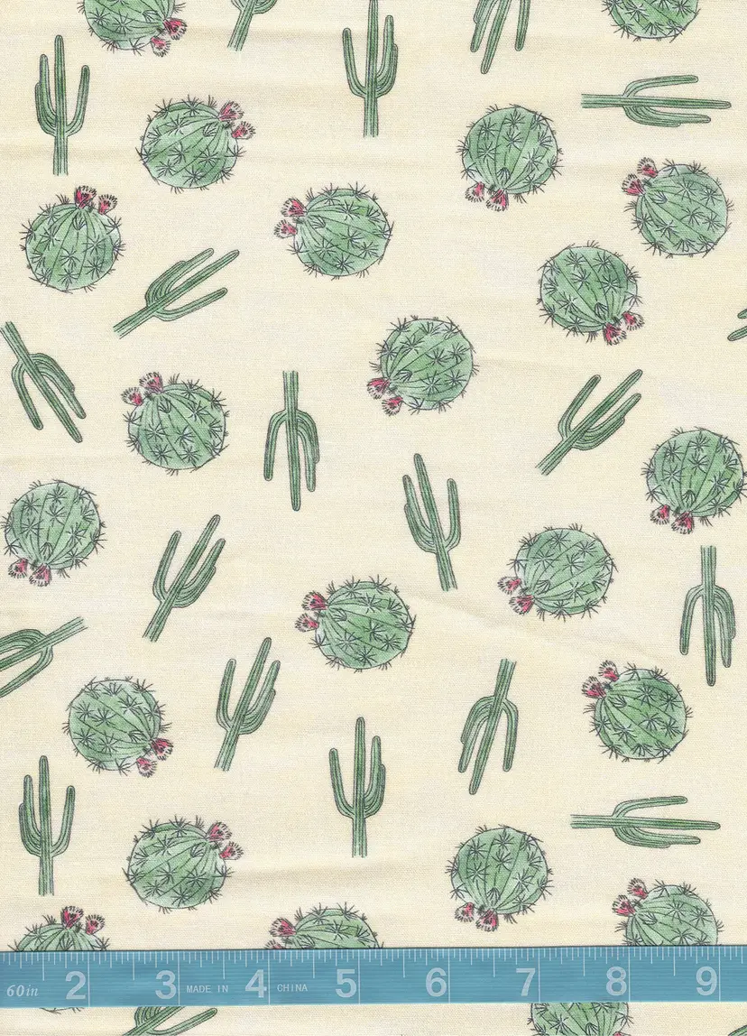 Arizona Cactus Cotton Fabric by the Yard – Desert Cacti Tossed Icons on Beige – Southwest Quilting Fabric – Sewing, Crafting, Home Decor Material