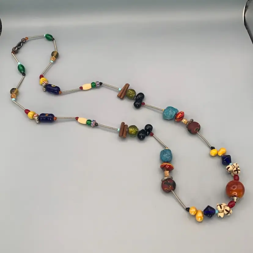 Long Beaded Necklace Glass, Wood, Millefiori, Stone Variety Coiled Wire