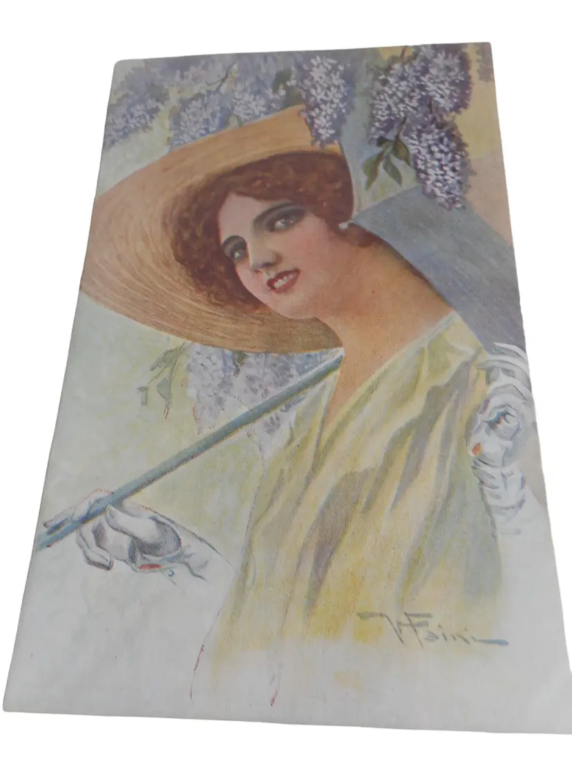 Vintage Postcard woman 1900s unused Italy wisteria floral pretty lady