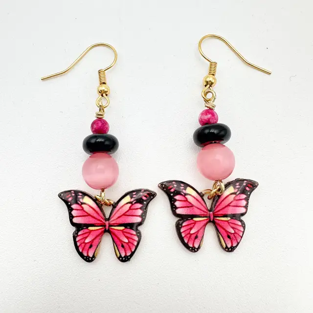 Pink and Black Butterfly Dangle Charm Earrings B25