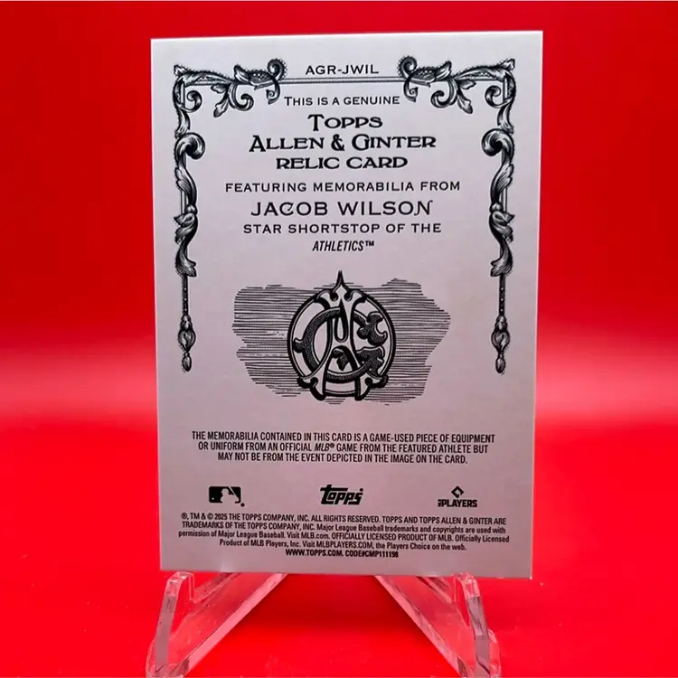 Jacob Wilson 2025 Topps Allen & Ginter RC Full Size Relic Athletics