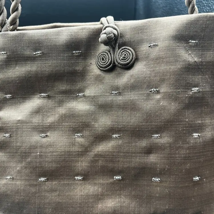 #339B Brown Silk Blend Handbag With Seed Bead Accents, A Knotted Button Closure And Twisted Rope Handles.  NWOT