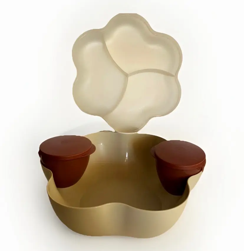 Tupperware Open House Chip Dip Bowl & Lid Tray Beige/Brown Vintage