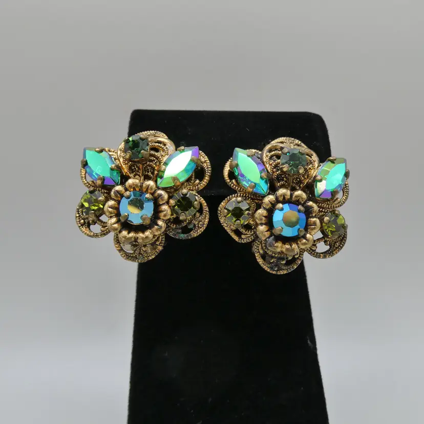 Vintage Green AB Rhinestone Filigree Clip On Earrings West Germany Gold Tone Stamped Metal 1"