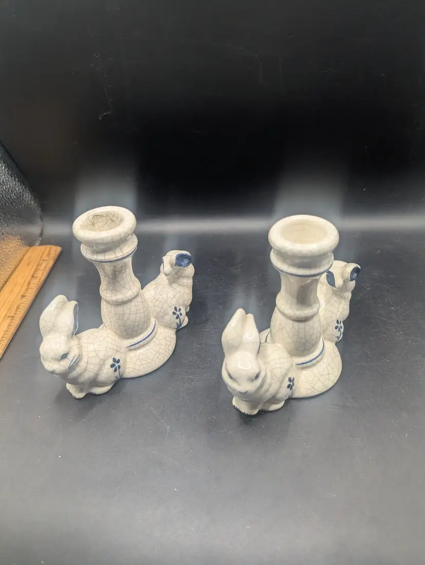 Vintage Set of 2 Potting Shed Dedham Pottery Bunny Rabbit Candle Holders Crackle Glaze