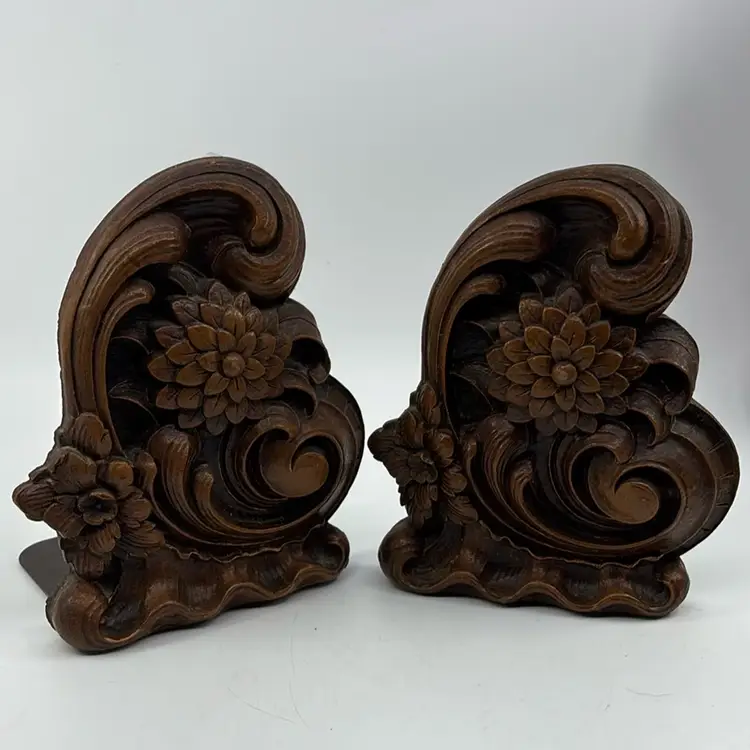 Syroco Wood Floral Scroll Vintage Bookends 6H 5W