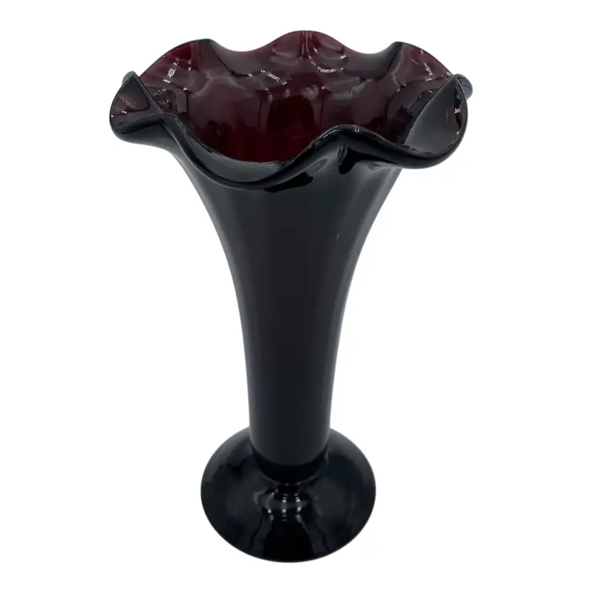 Hand-Blown Deep Purple/Plum Ruffle Top Vase, Rib Optic, Thick Glass, 8"