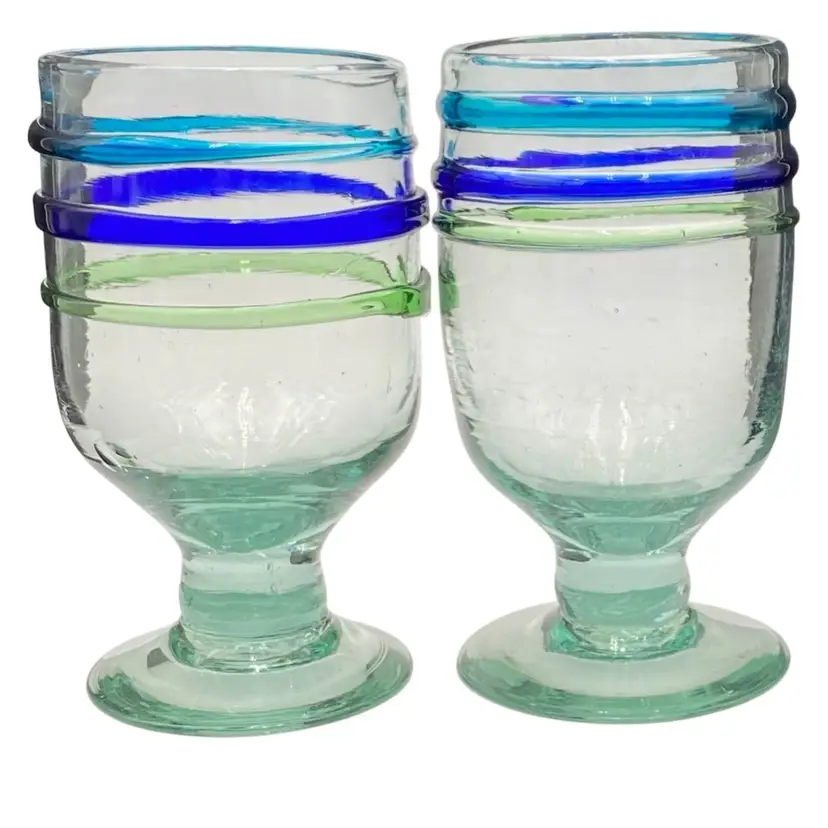 Pair (2) - Hand Blown Short Stemmed Glasses/Goblets, Mexico, Greens & Blues