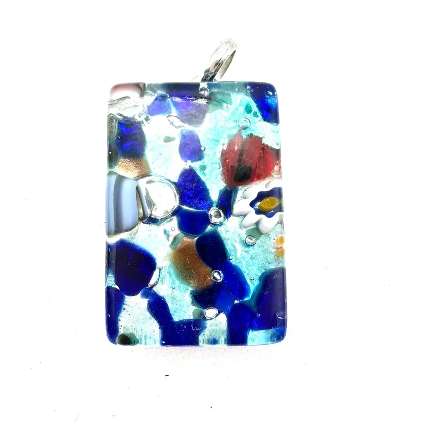 Murano Dichroic Glass Pendant Multicolor Blues Silver Tone Bail Signed 1.25” L X .75” W