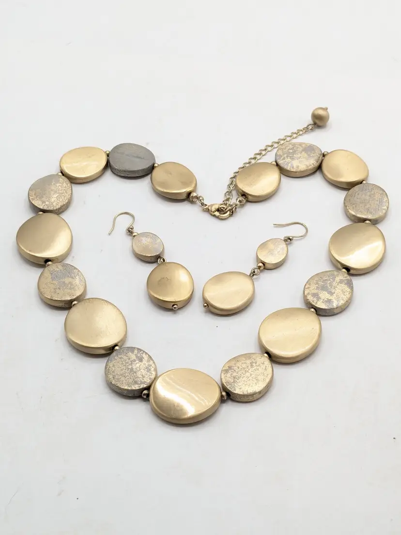 Matt Gold Tone Metal Disc Necklace and Earrings