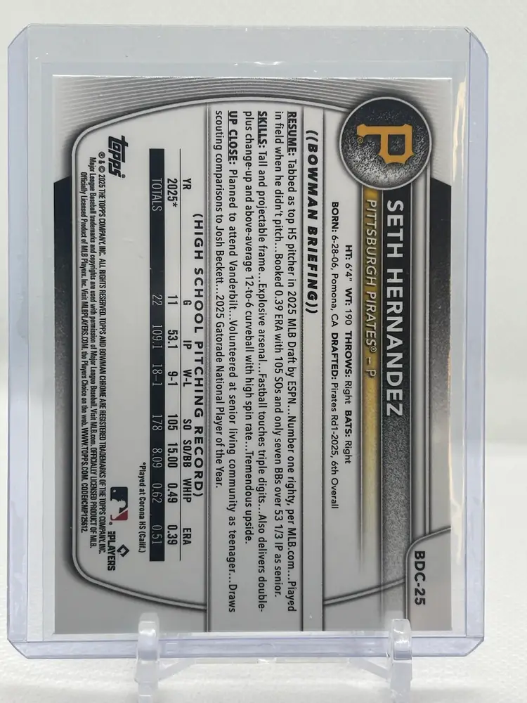Seth Hernandez 2025 Bowman Draft Chrome 1st Pittsburgh Pirates