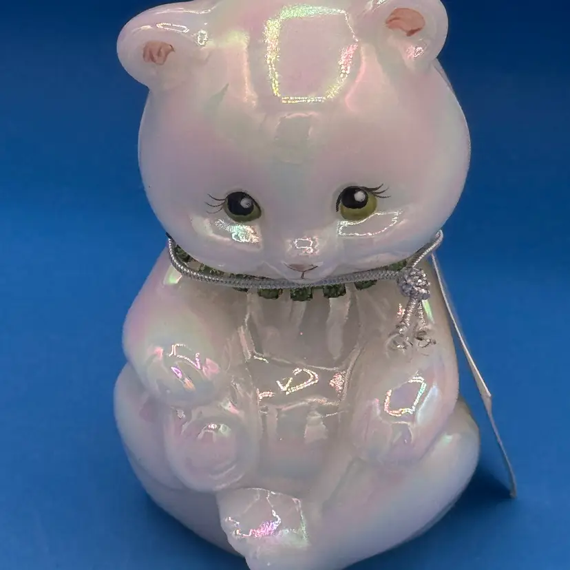 Hand- Painted & Signed Fenton Opalescent Glass Bear Figurine W/ Original Tags And August Birthstone Collar